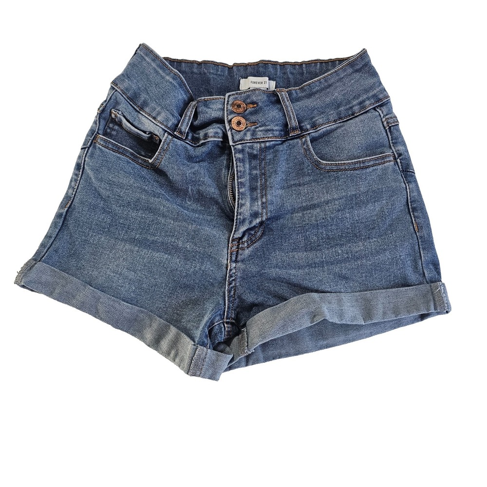 Forever 21 Women's Denim Shorts Size 25 Blue Cuffed Hem High Waisted - Picture 1 of 3